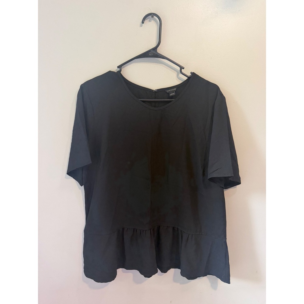 Ann Taylor Black Peplum Top Short Sleeve Keyhole Back Blouse Womens Large